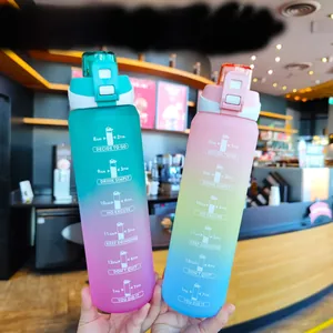 Detail of two 1000ml frosted gradient water bottles with time markers and carry straps