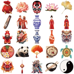 Detail showing 25 vintage Chinese style stickers with panda, Peking opera and porcelain motifs