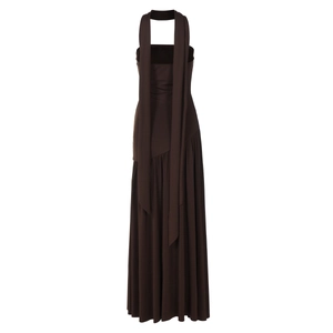 Detail of elegant dark brown halter dress featuring long neck ties and pleated hemline