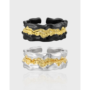 S925 Sterling Silver Ring For Women Men Irregular Lava Texture Two Tone Gold Plated Open Adjustable Minimalist Finger Ring Jewelry