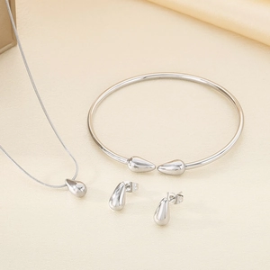 Parure bijoux goutte d'eau en acier inoxydable argenté poli avec collier bracelet boucles