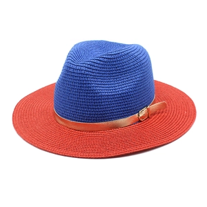 Color Block Straw Fedora Hat Summer Sun Protection Beach Panama Hat With Metal Buckle Belt For Women Men Vacation Outdoor