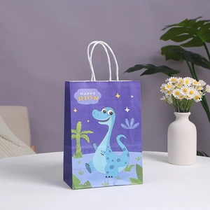 Purple dinosaur cartoon kraft paper gift bag with white rope handles for party shopping