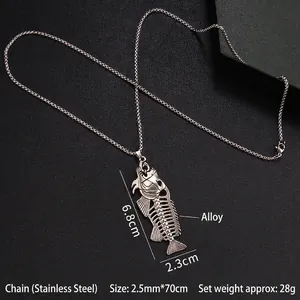 Vintage punk fishbone necklace with stainless steel chain on black leather background