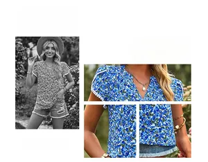 Detail of blue floral short sleeve top with lace trim sleeves and an elegant V-neckline