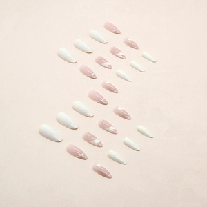 Long almond press-on nails set with cream white and pink heart gradient design
