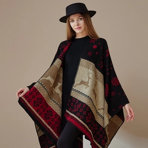 Ethnic style black knit shawl with red reindeer and snowflake patterns for women