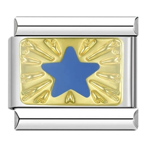 Macro shot of silver stainless steel charm link with gold plate and blue star detail