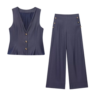 Ensemble deux pièces en lin mélangé bleu foncé avec gilet col en V et pantalon large