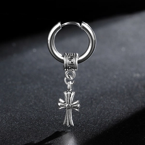 Men's punk cross hoop earring in vintage silver stainless steel with gothic pendant