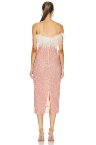 Dettaglio dell'abito con paillettes rosa con piume bianche e spacco posteriore