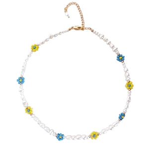 Baroque pearl necklace with colorful flower beads for a minimalist summer dopamine aesthetic