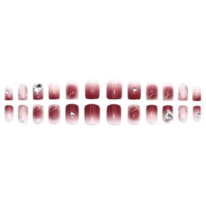 Short square burgundy gradient press-on nails with glitter hearts and silver swirls