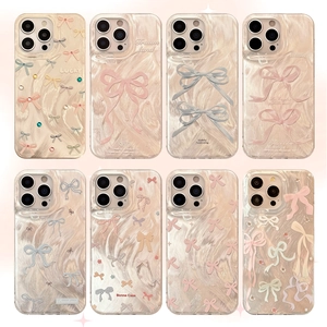 Colorful bowknot iPhone 16 series cases with textured pearlescent finish and ribbon designs