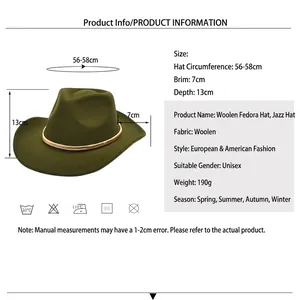 Olive green wool jazz fedora hat with gold metal band showing detailed size specifications