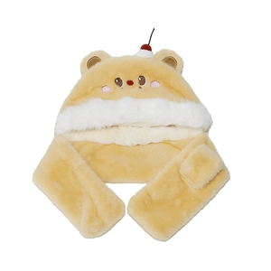 Detail of plush bear hat with cherry cake design and soft faux fur ears for winter