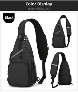 Detail view of black nylon crossbody chest bag showing reflective strip and headphone port