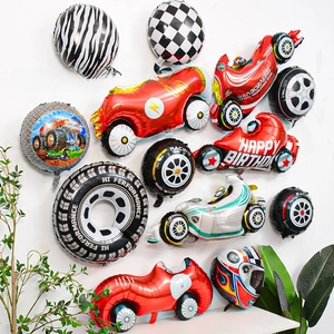 Racing car themed aluminum foil balloon set with tires and checkered flag patterns