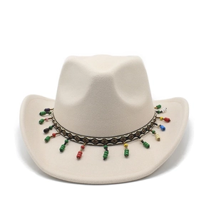 Detail of western wool fedora featuring ethnic woven band and colorful bead embellishments