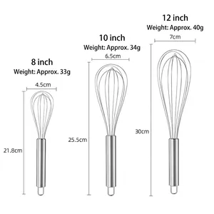 Stainless steel manual whisk set with three sizes showing exact dimensions for baking