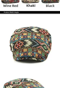 Detail view of ethnic geometric jacquard fabric and texture on the retro beret hat
