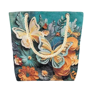 Blue floral jacquard tote bag with 3D butterfly patterns and cotton rope handles
