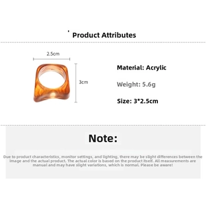 Detailed specs of amber acrylic square ring weighing 5.6g with 3x2.5cm dimensions