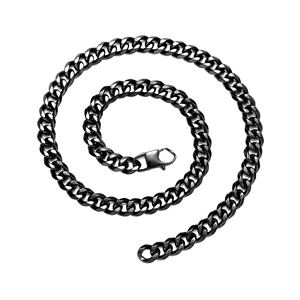 Minimalist black titanium steel Cuban link chain necklace with lobster clasp on white background