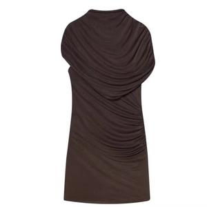 Schokoladenbraunes ärmelloses figurbetontes Kleid mit seitlicher Raffung und Neckholder