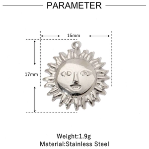 Detailed specs of stainless steel sun face pendant measuring 15mm by 17mm and 1.9g