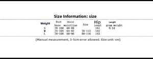 Detailed size chart for women's knit jumpsuit with bust, waist, and hip measurements