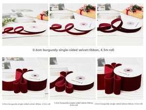 Six widths of burgundy velvet Christmas ribbons shown in 4.5-meter rolls for gift wrapping