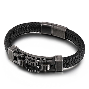 Men's punk braided black leather bracelet with vintage silver gear metal accents