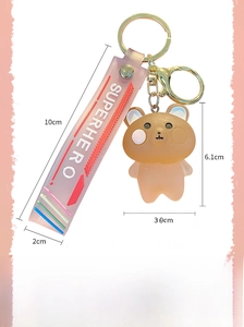 Détails du porte-clés ours brun avec sangle rose et dimensions précises en cm