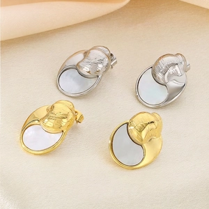 Stainless Steel Stud Earrings With Mother Of Artificial Pearl Shell Inlay Round Minimalist Texture Jewelry For Women Anti Allergic