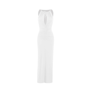 Detail view of the halter neck hollow-out design and ruched drawstring of the white dress
