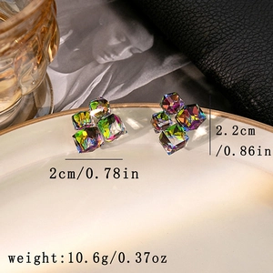 Detail view of aurora cube crystal earrings with size measurements 2.2cm and 2cm