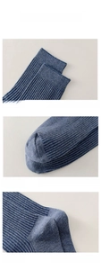Detail of blue cotton crew socks showing elastic cuff, reinforced toe, and 3D heel structure
