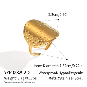 Detail of gold hammered texture ring with dimensions showing adjustable open band size