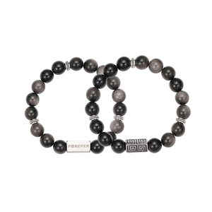 Obsidian beaded bracelet with titanium steel Forever charms for couples