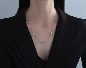 Close-up of S925 sterling silver necklace with sparkling star pendants on a model