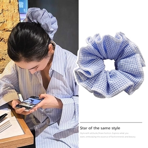 Gingham Scrunchie Blue White Large Pleated Hair Tie Elastic Cotton Fabric Korean Sweet Style For Women
