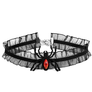 Gothic black lace spider choker with a red gemstone for Halloween costumes