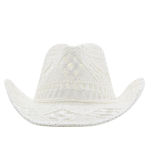 Detailed macro shot of white hand-woven hollow knit straw cowboy hat with curled brim