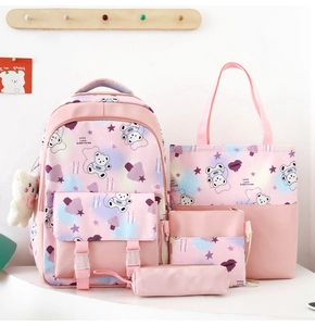 Detailed four-piece pink schoolbag set with backpack, tote, crossbody bag and pencil case