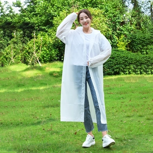 Reusable white translucent long raincoat with hood and button closure for adults