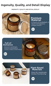 Detailed view of amber glass scented candle with a silver metal lid and soy wax texture