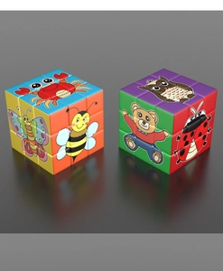 Detail of 3x3 speed cube for kids featuring colorful cartoon animals like crab and owl