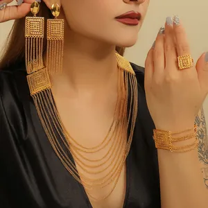 Middle Eastern style layered tassel gold necklace set with earrings, bracelet and ring