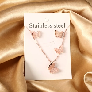 Collier Et Boucles D'oreilles Papillon En Acier Inoxydable Ailes Givrées Double Couche Bijoux De Mode Pour Femmes